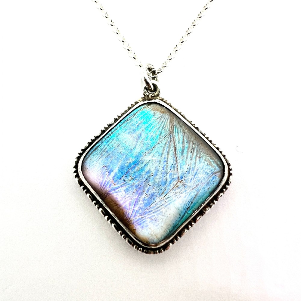 Art Deco Sterling Silver Blue Morpho Butterfly Wing Pendant Necklace 