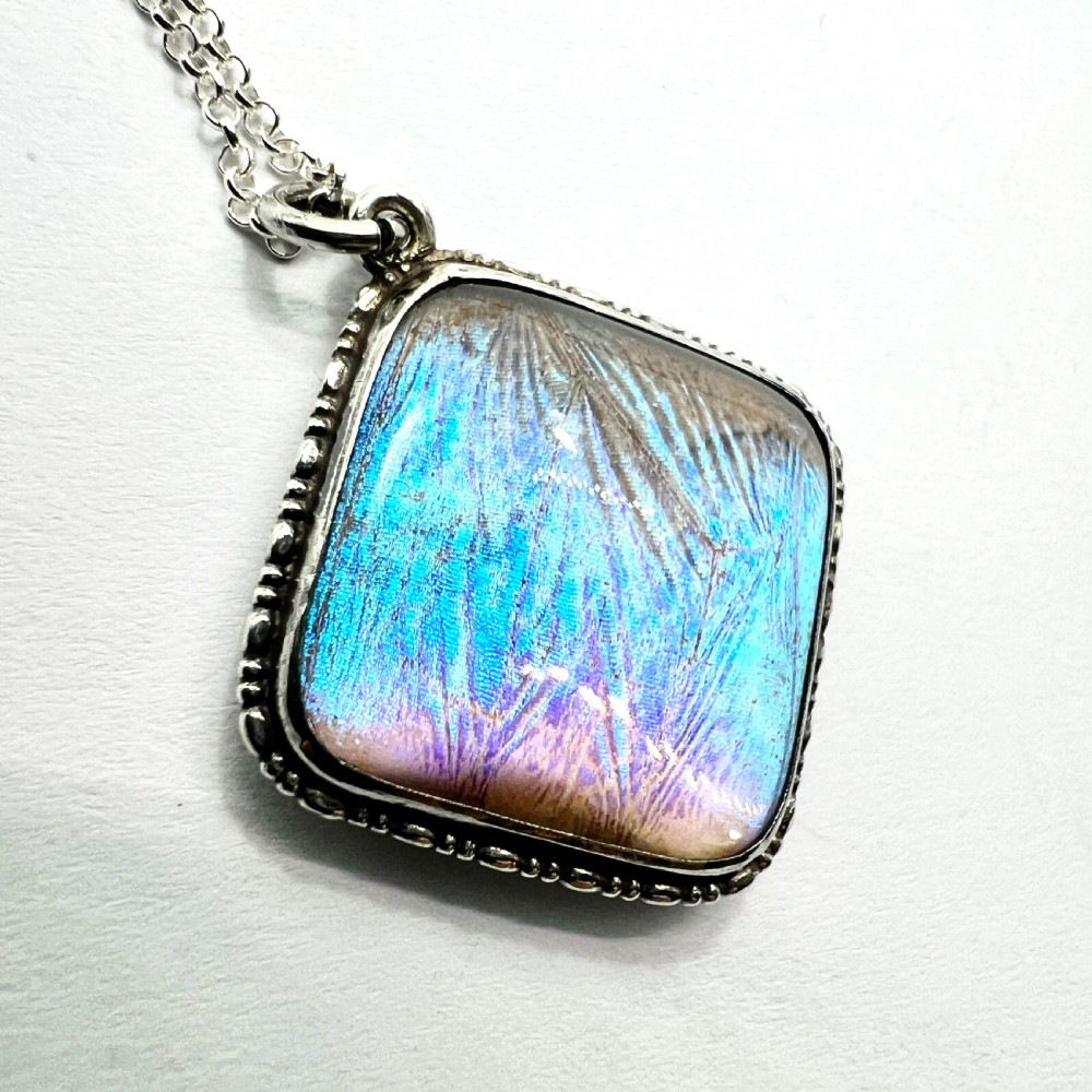 Art Deco Sterling Silver Blue Morpho Butterfly Wing Pendant Necklace  View II