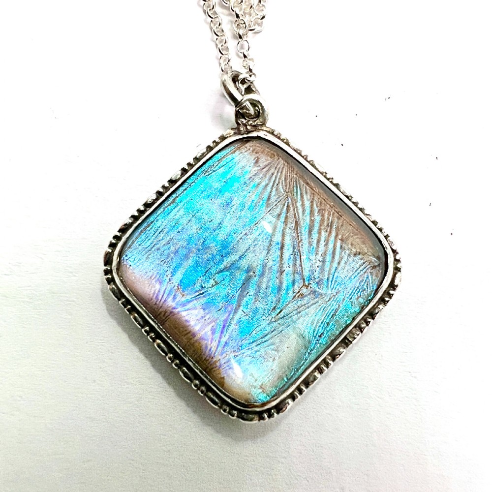 Art Deco Sterling Silver Blue Morpho Butterfly Wing Pendant Necklace  View IV