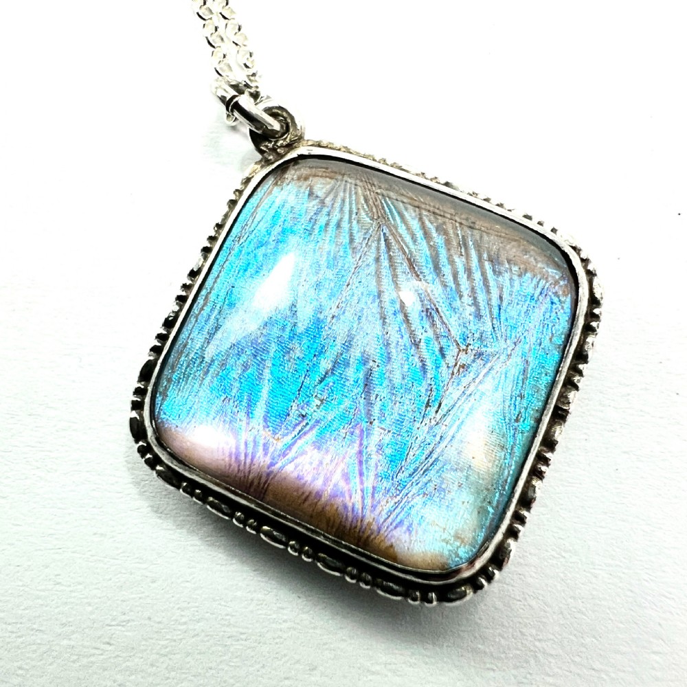Art Deco Sterling Silver Blue Morpho Butterfly Wing Pendant Necklace  View V