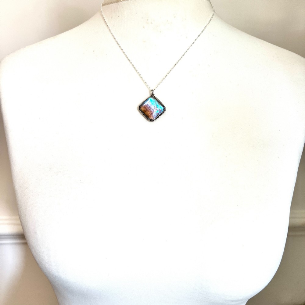 Art Deco Sterling Silver Blue Morpho Butterfly Wing Pendant Necklace  View VIII