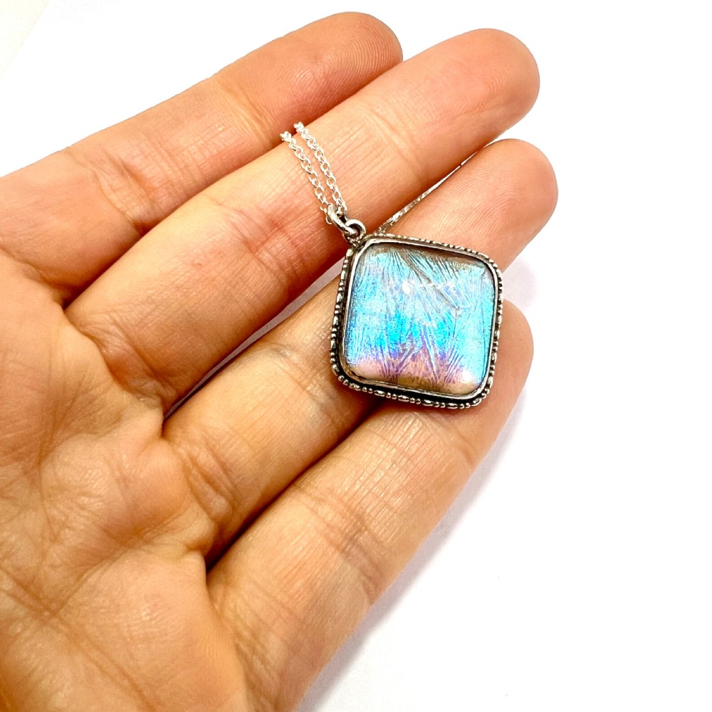 Art Deco Sterling Silver Blue Morpho Butterfly Wing Pendant Necklace  View IX