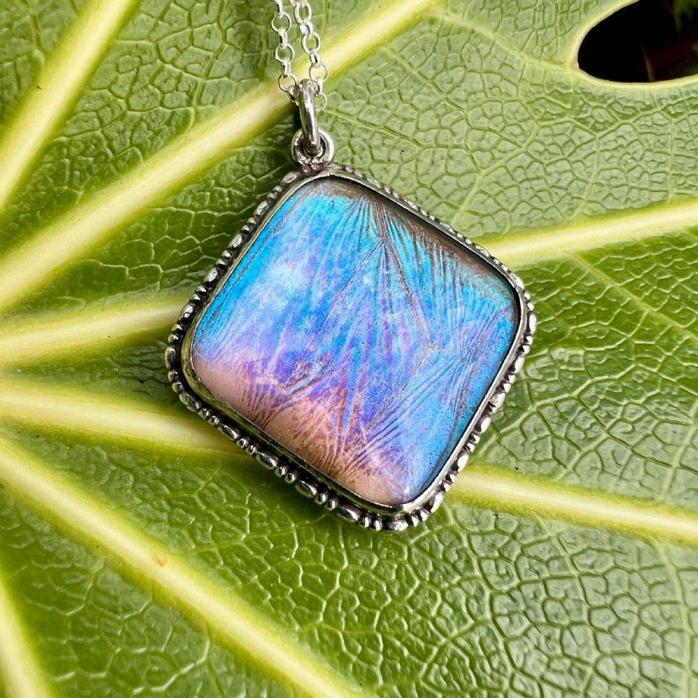 Art Deco Sterling Silver Blue Morpho Butterfly Wing Pendant Necklace  View X
