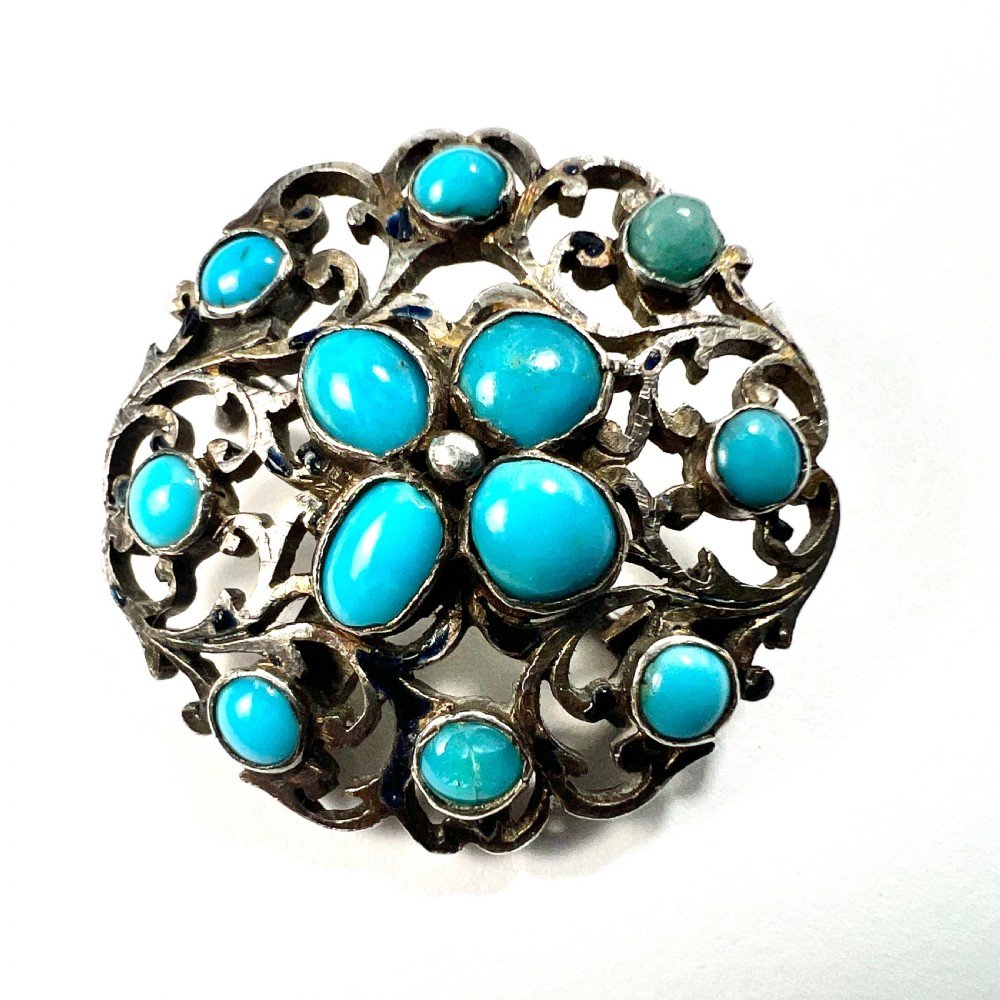 • Antique Austro Hungarian Victorian Turquoise Silver Brooch