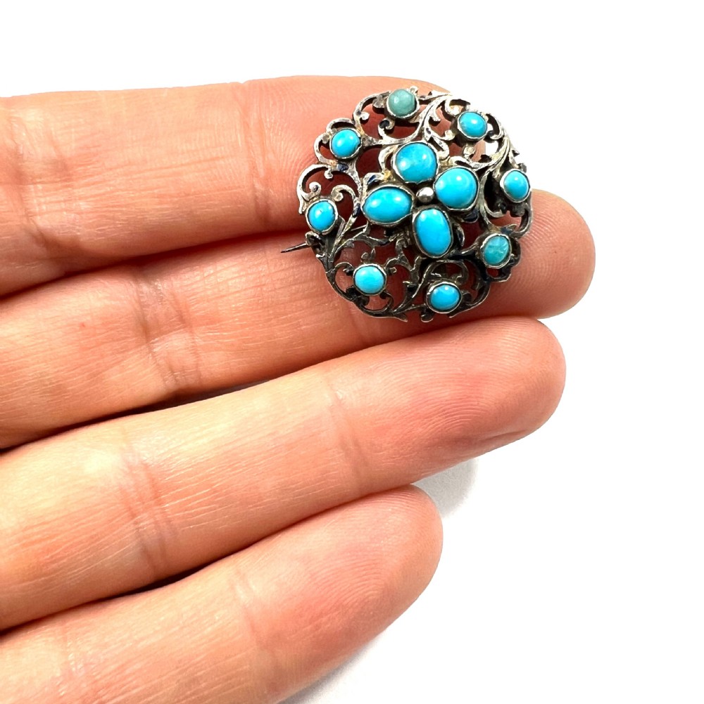 • Antique Austro Hungarian Victorian Turquoise Silver Brooch View V