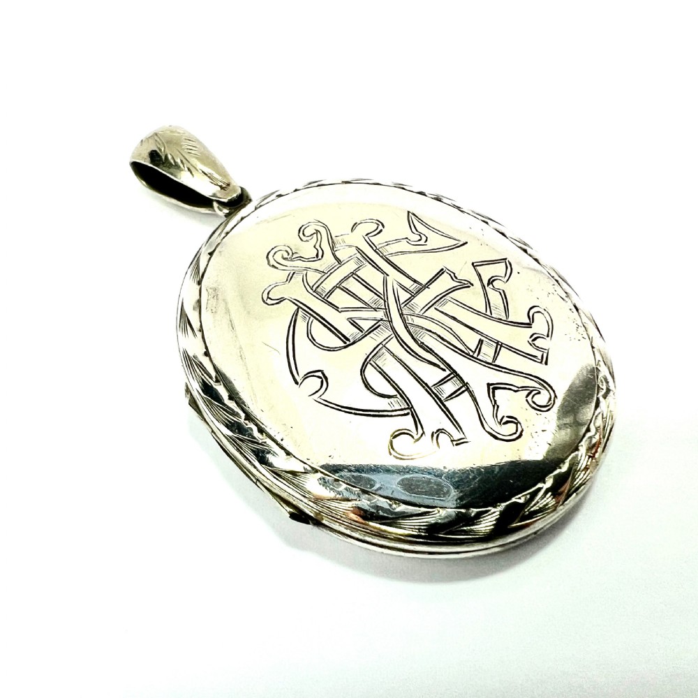 Large Antique Victorian Engraved Silver Locket Pendant View II