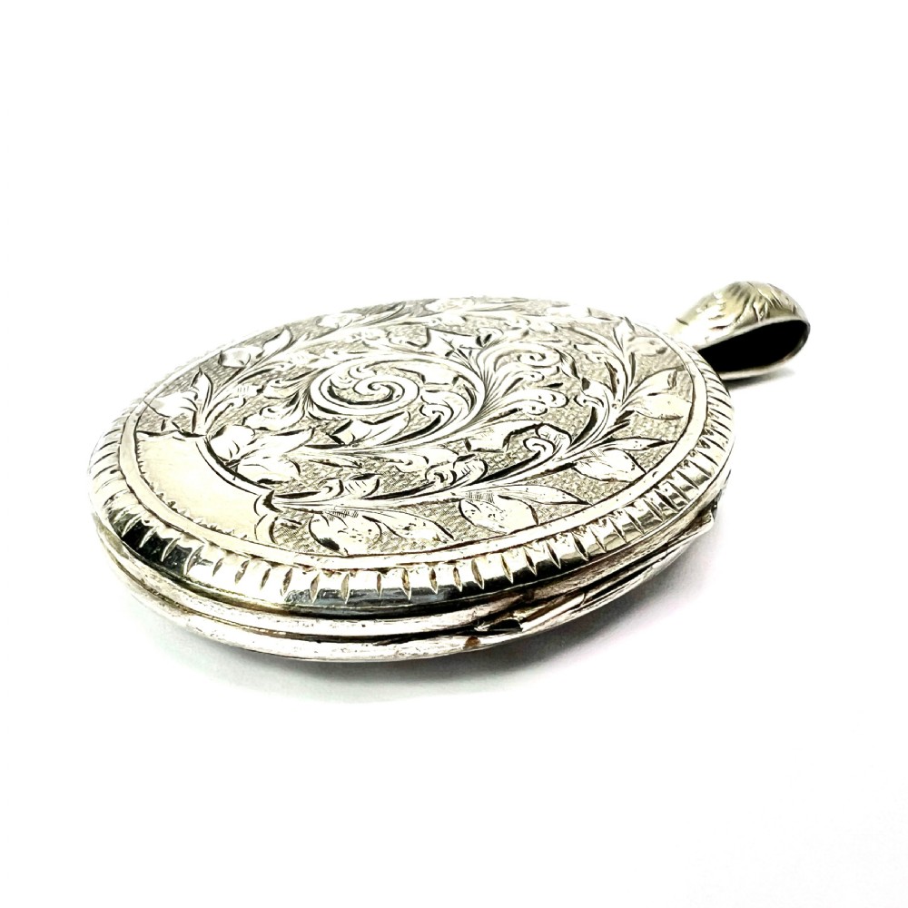 Large Antique Victorian Engraved Silver Locket Pendant View IV