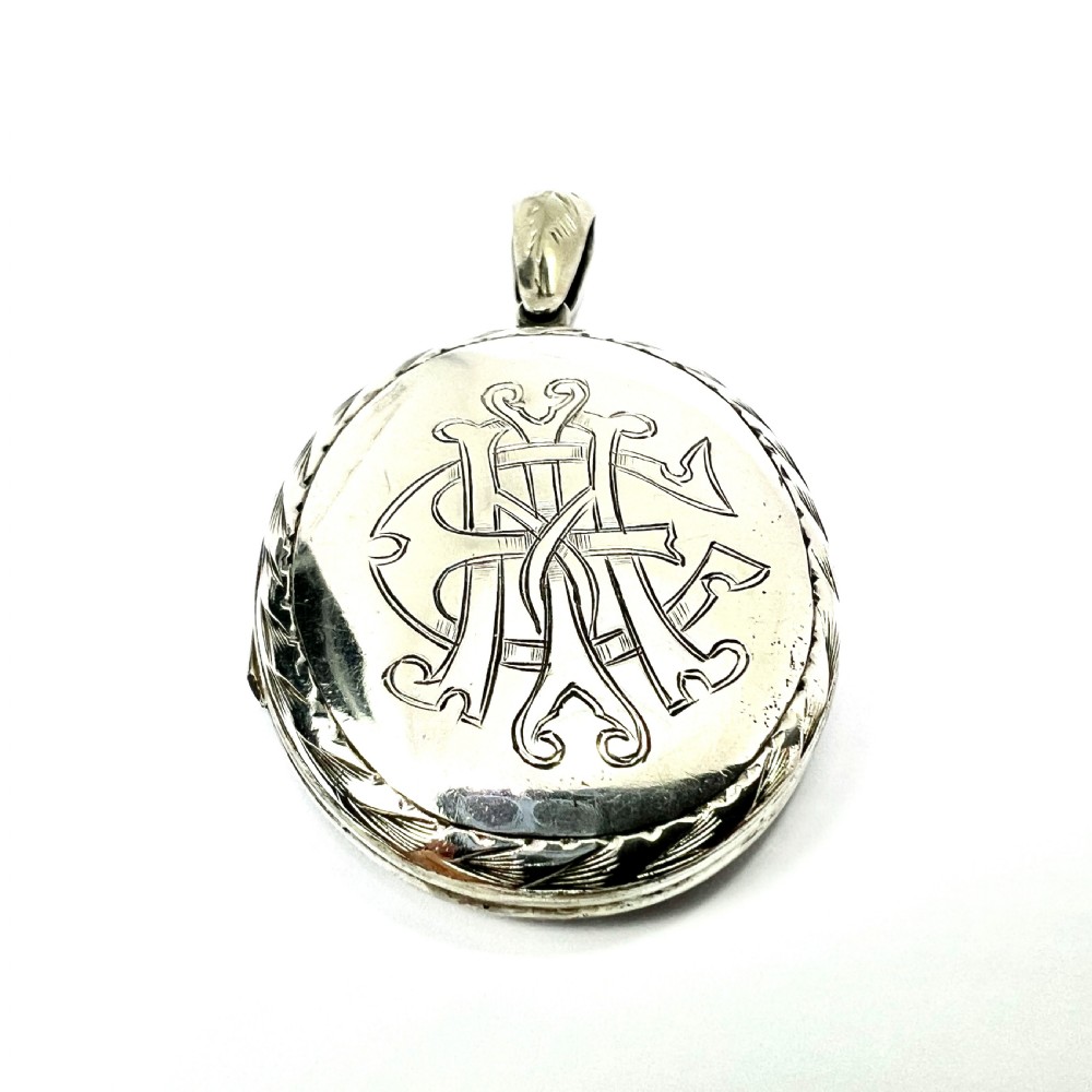 Large Antique Victorian Engraved Silver Locket Pendant View V