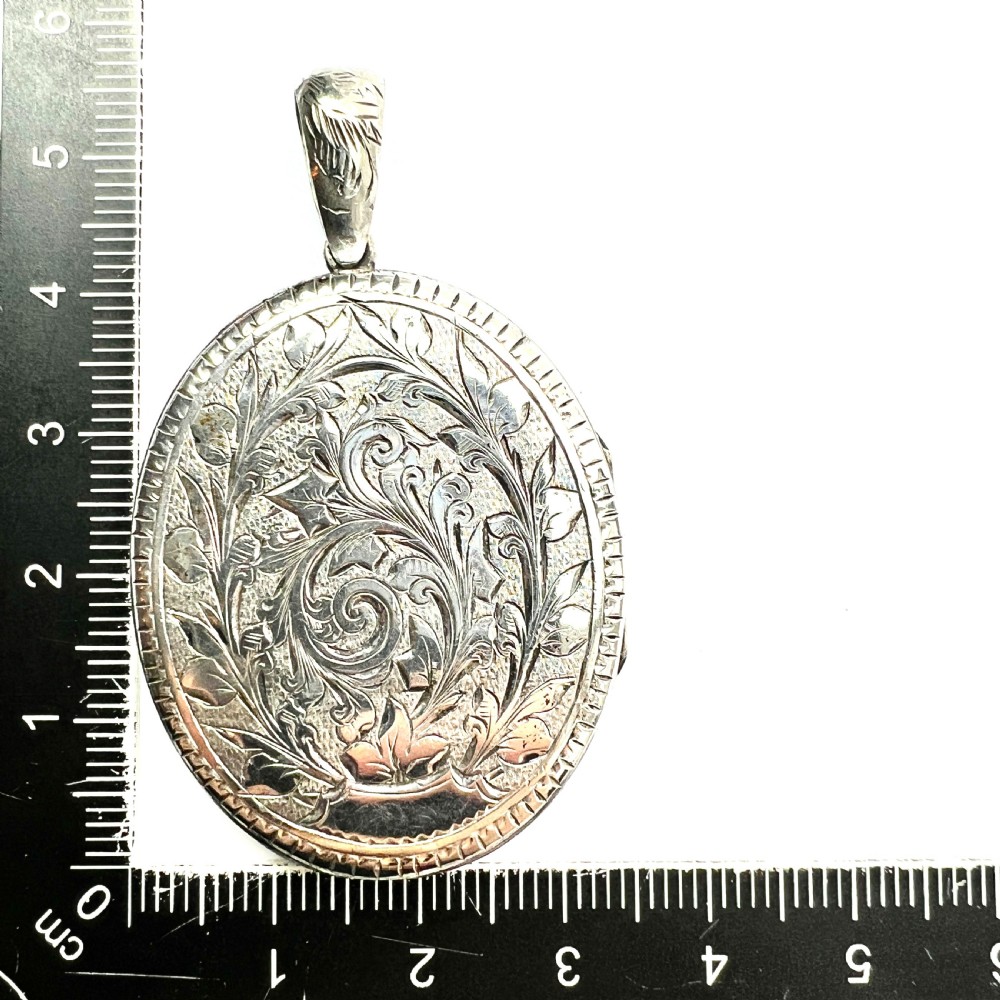 Large Antique Victorian Engraved Silver Locket Pendant View VI