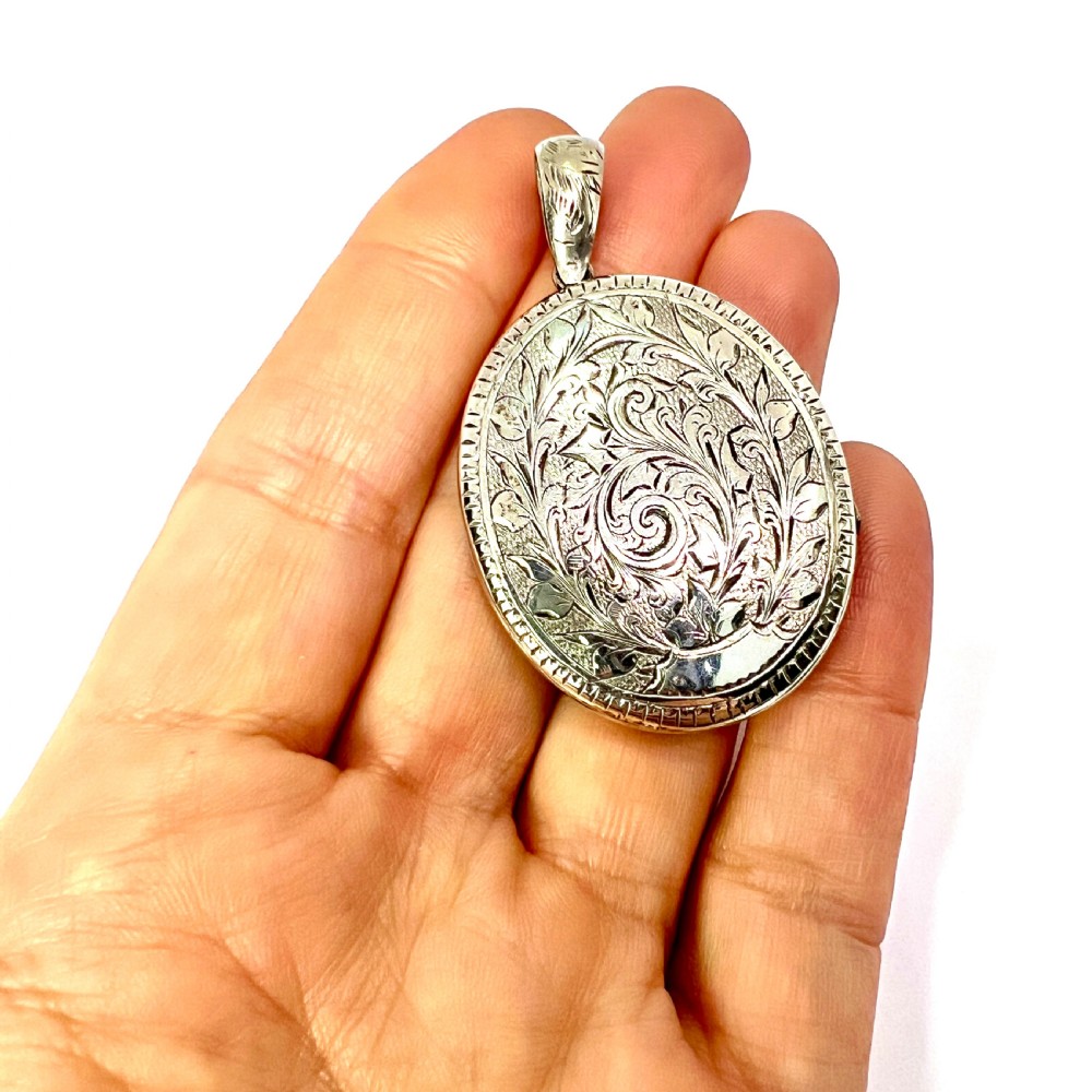 Large Antique Victorian Engraved Silver Locket Pendant View VIII