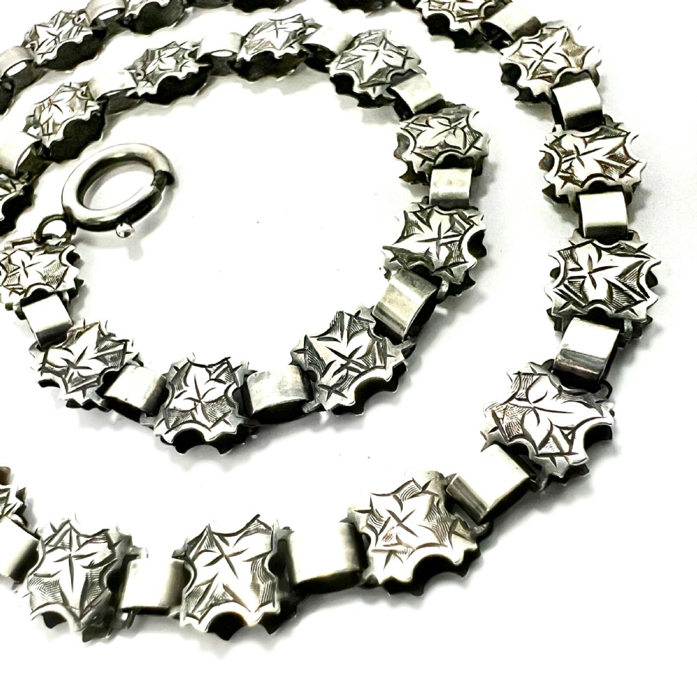 Antique Victorian Silver Ivy Engraved Book Chain Necklace View II