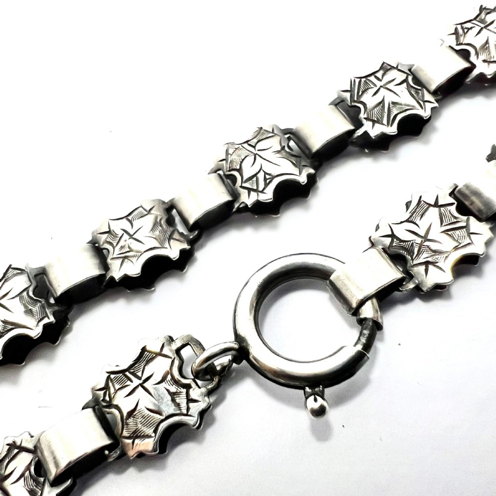 Antique Victorian Silver Ivy Engraved Book Chain Necklace View IV