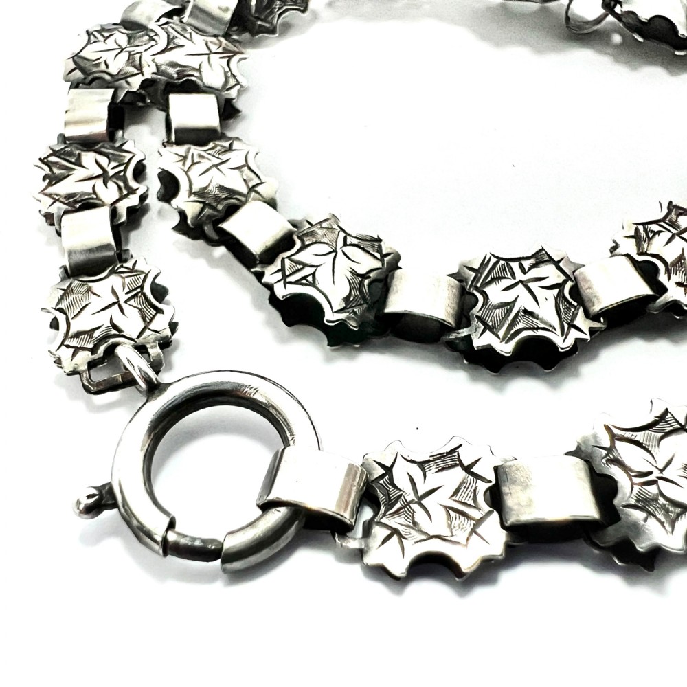 Antique Victorian Silver Ivy Engraved Book Chain Necklace View V