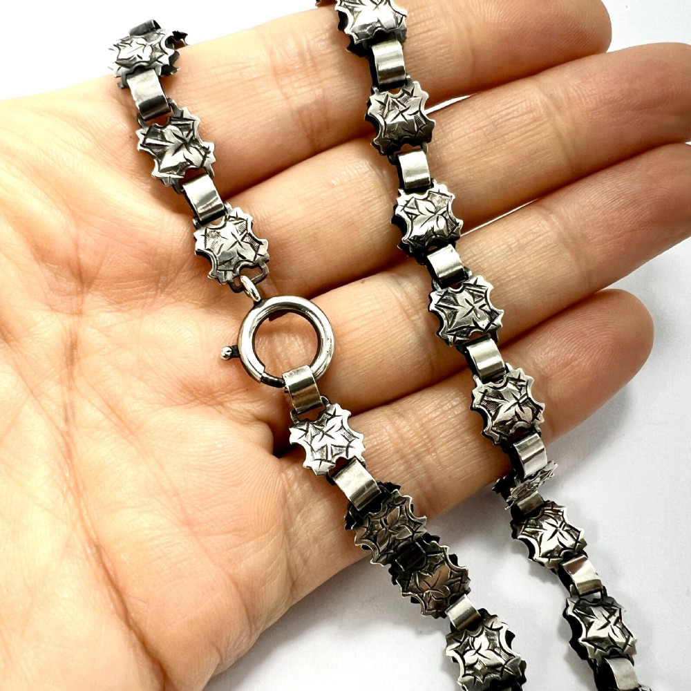 Antique Victorian Silver Ivy Engraved Book Chain Necklace View VIII