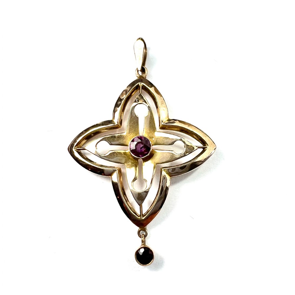 Edwardian 9CT Gold Art Nouveau Garnet Drop Pendant