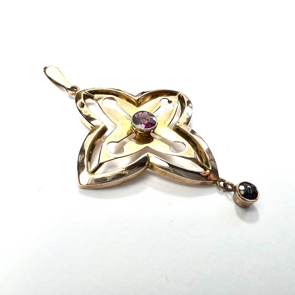 Edwardian 9CT Gold Art Nouveau Garnet Drop Pendant View II