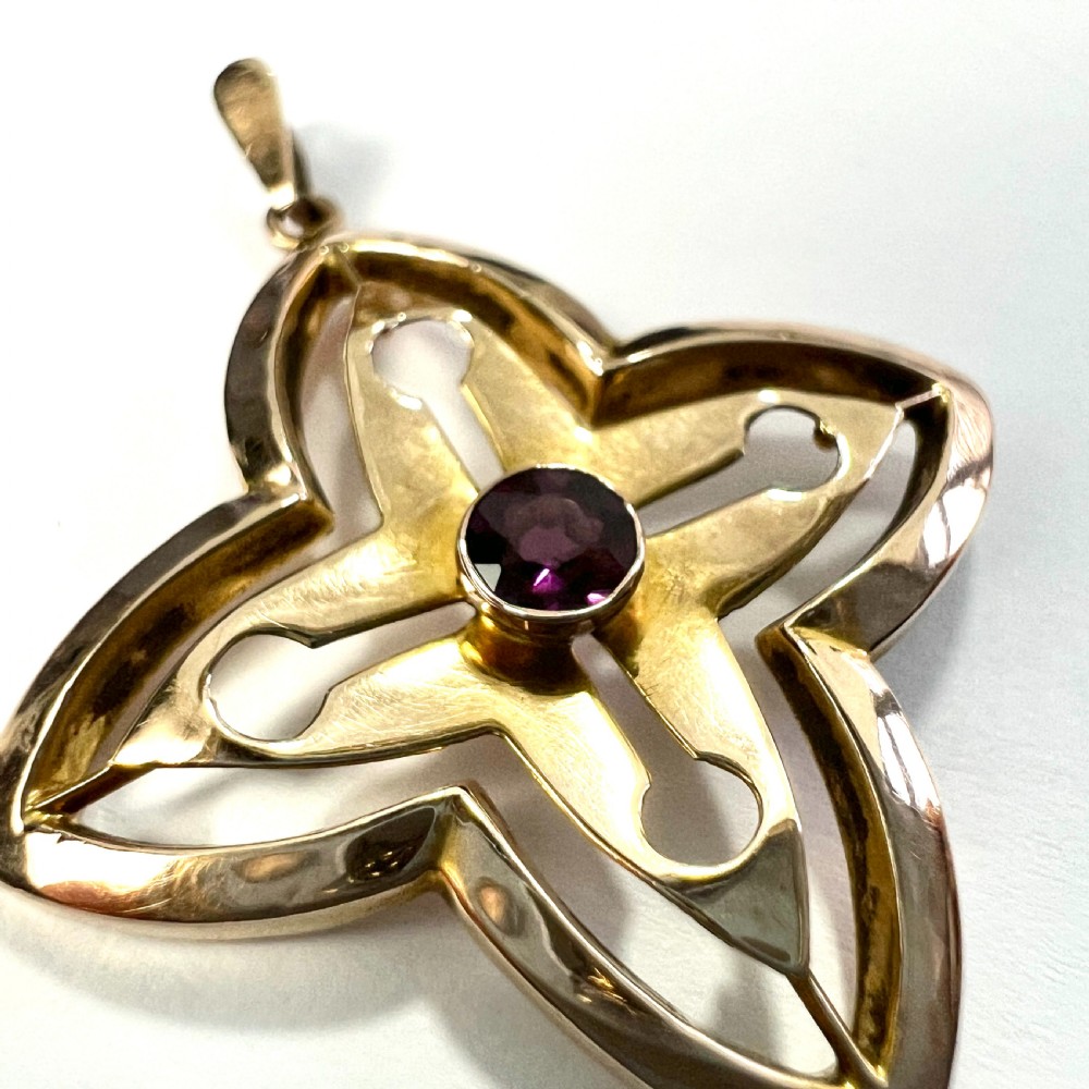 Edwardian 9CT Gold Art Nouveau Garnet Drop Pendant View III