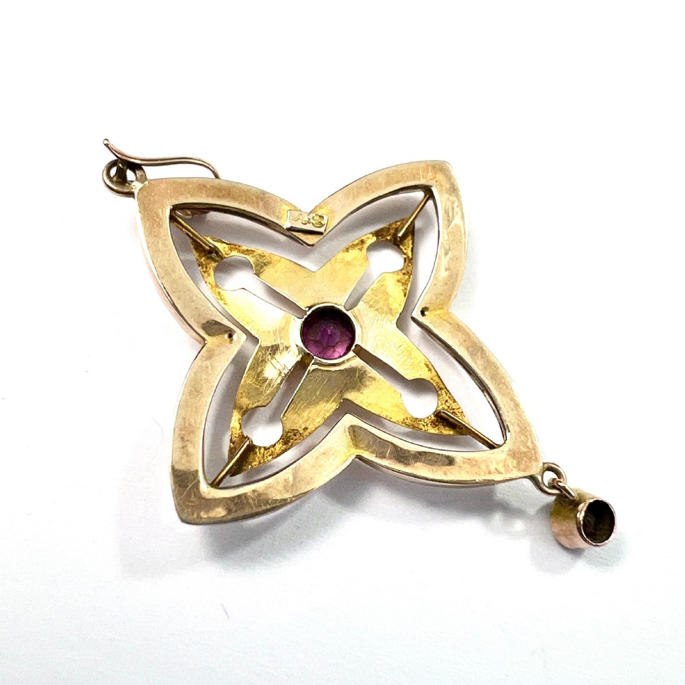 Edwardian 9CT Gold Art Nouveau Garnet Drop Pendant View V