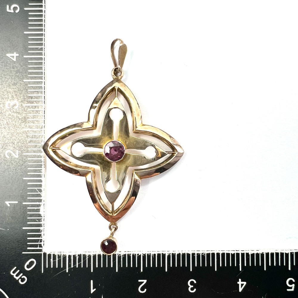 Edwardian 9CT Gold Art Nouveau Garnet Drop Pendant View VI
