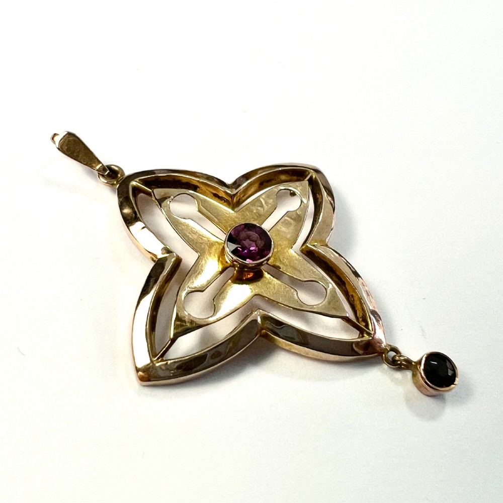 Edwardian 9CT Gold Art Nouveau Garnet Drop Pendant View VII