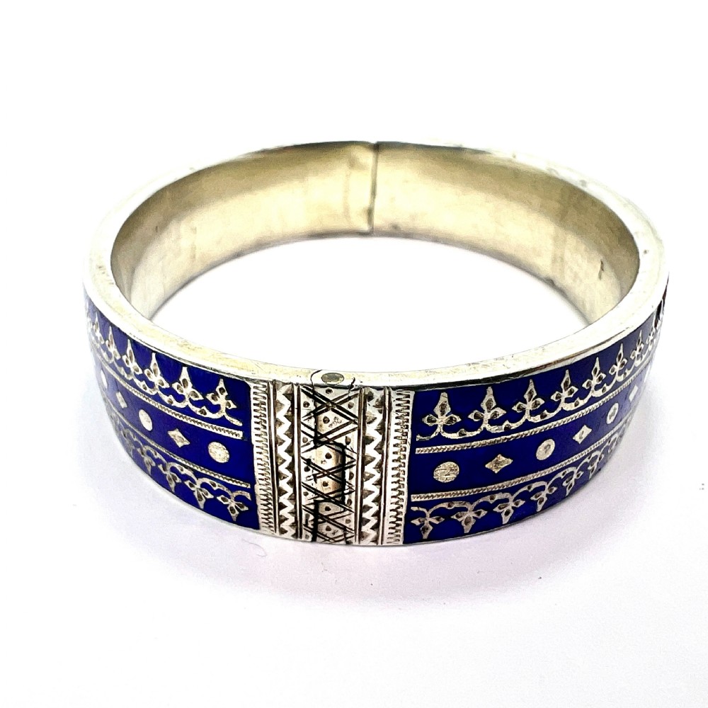 RESERVED for J • Victorian Blue Enamel Silver Hinged Cuff Bangle View II