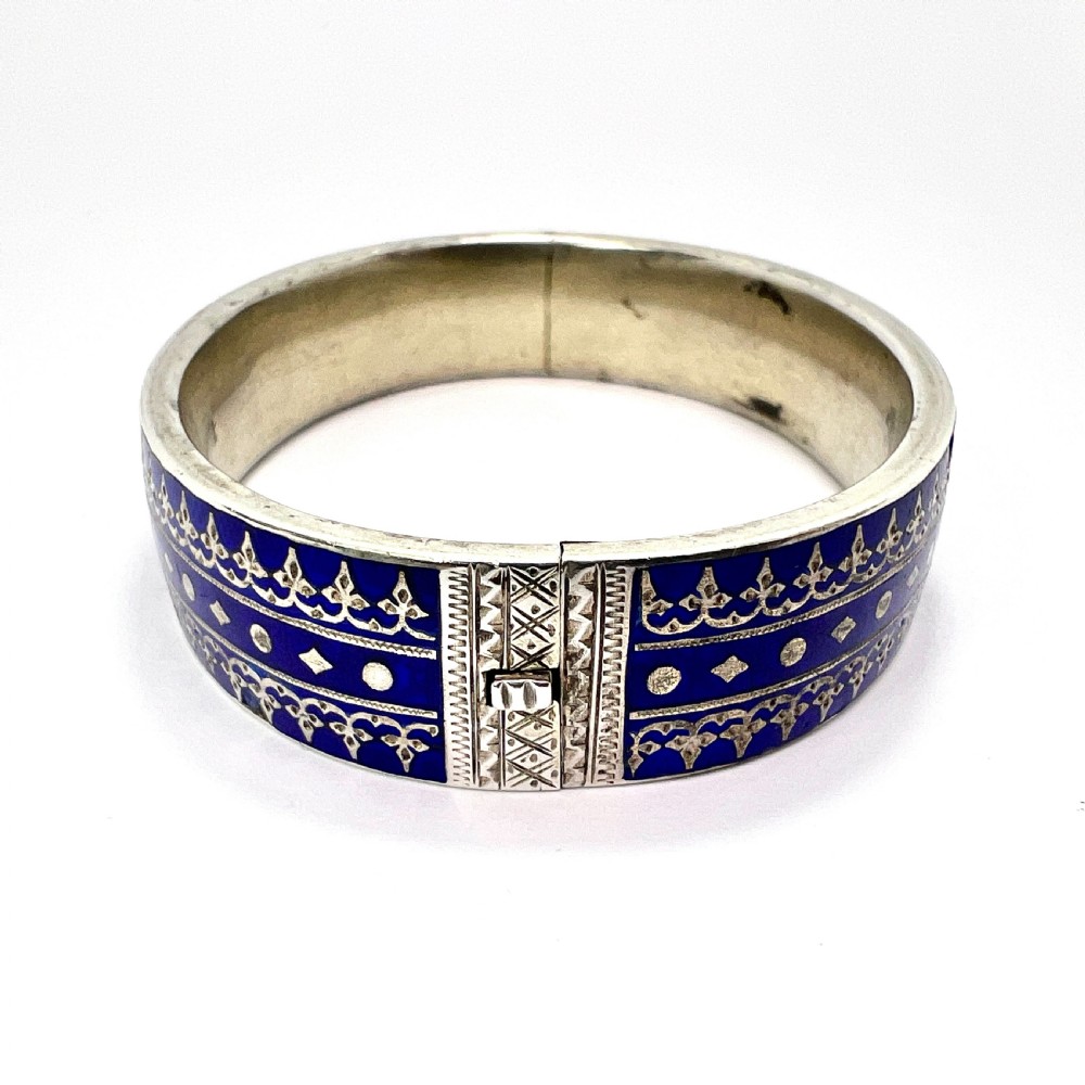 RESERVED for J • Victorian Blue Enamel Silver Hinged Cuff Bangle View III