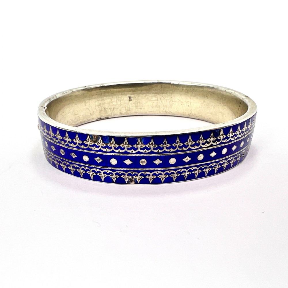 RESERVED for J • Victorian Blue Enamel Silver Hinged Cuff Bangle View IV