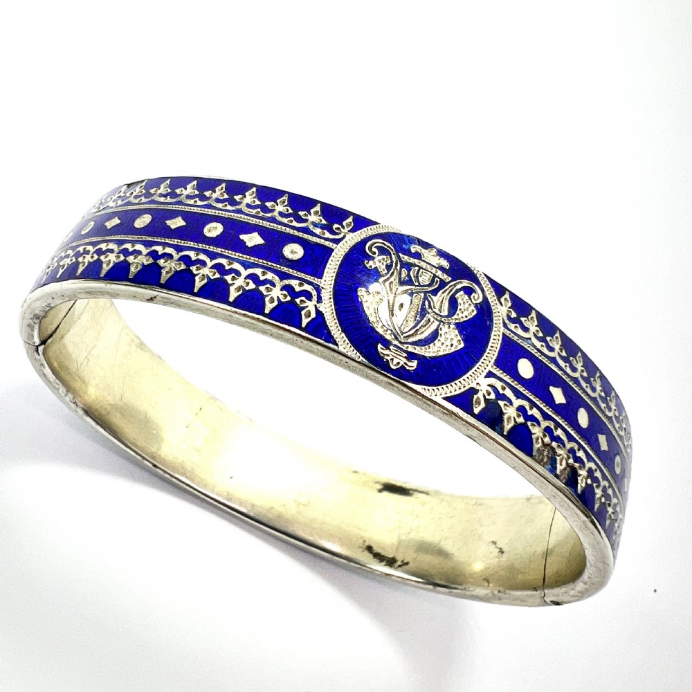 RESERVED for J • Victorian Blue Enamel Silver Hinged Cuff Bangle View V