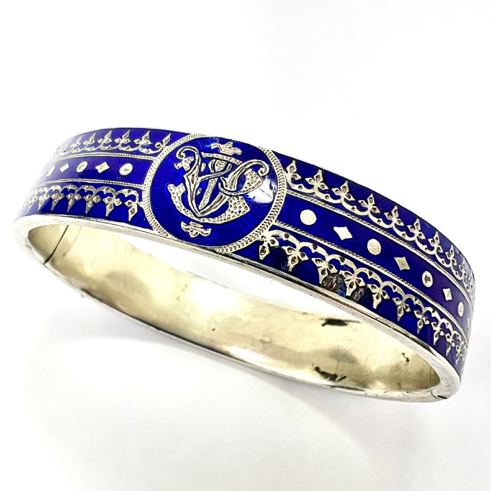 RESERVED for J • Victorian Blue Enamel Silver Hinged Cuff Bangle View VI