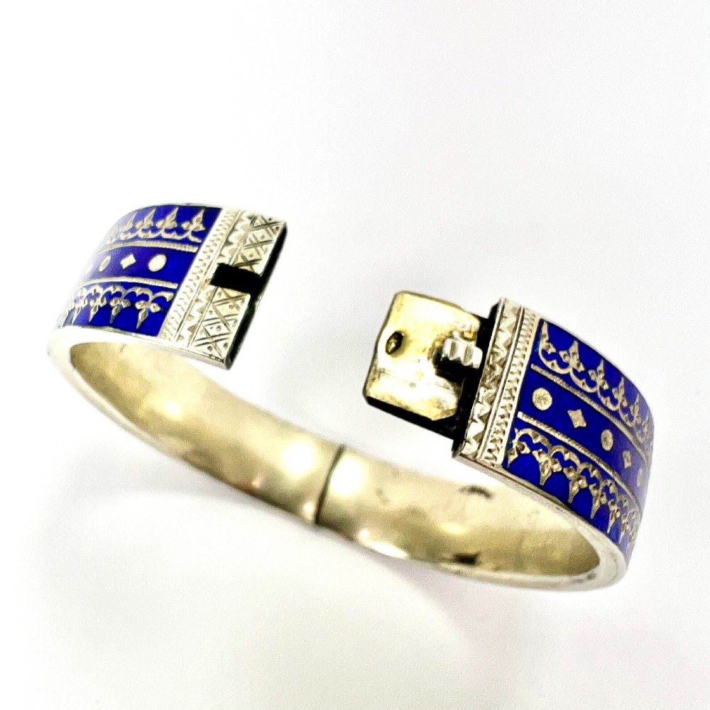 RESERVED for J • Victorian Blue Enamel Silver Hinged Cuff Bangle View VIII