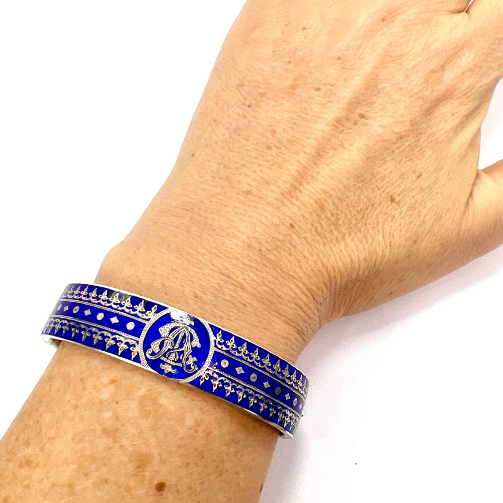 RESERVED for J • Victorian Blue Enamel Silver Hinged Cuff Bangle View IX