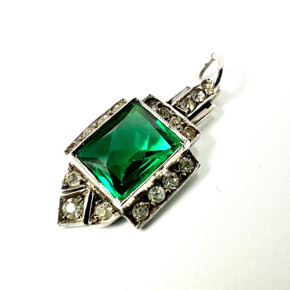 Art Deco Emerald Paste Silver Pendant View II