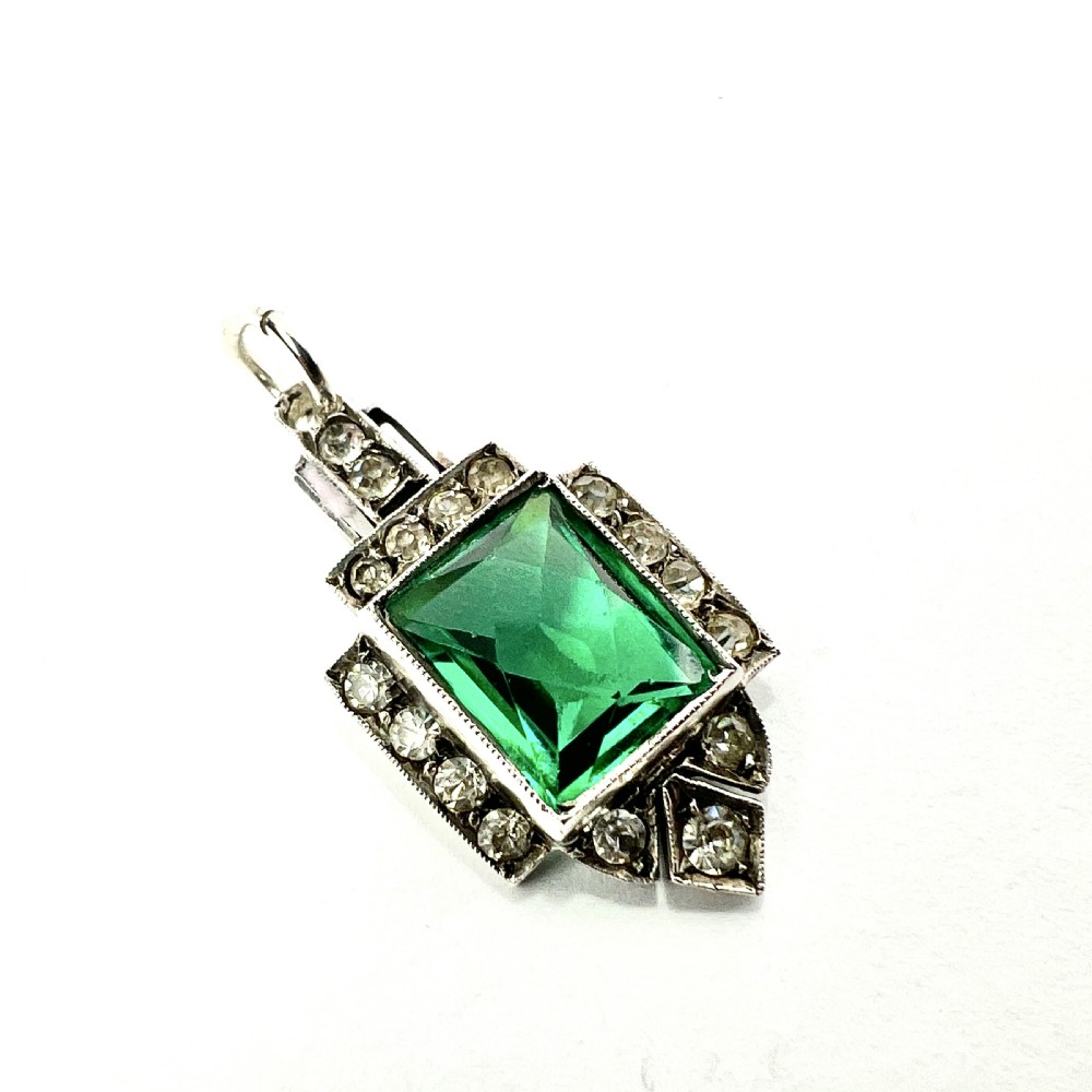 Art Deco Emerald Paste Silver Pendant View V