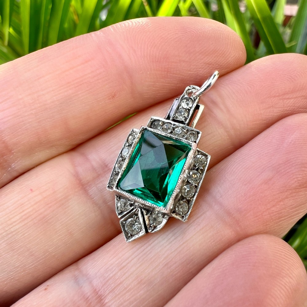 Art Deco Emerald Paste Silver Pendant View VII
