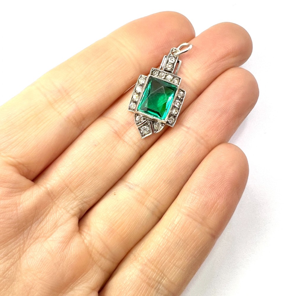 Art Deco Emerald Paste Silver Pendant View VIII