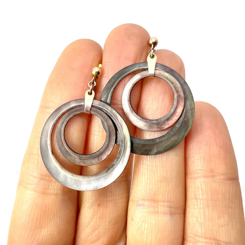 Pair of Art Deco 9ct gold screwback drop earrings featuring concentric mother of pearl hoop pendants. View VII