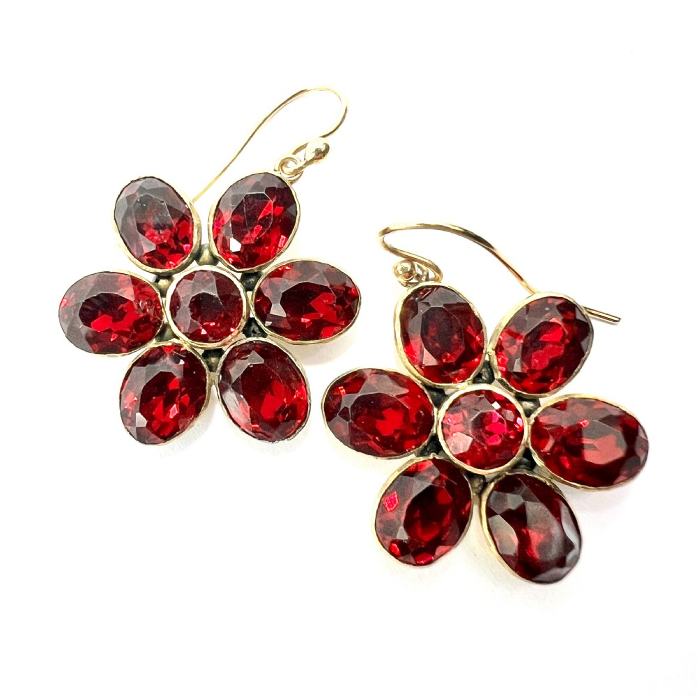 Georgian Paste Garnet Daisy Cluster Earrings