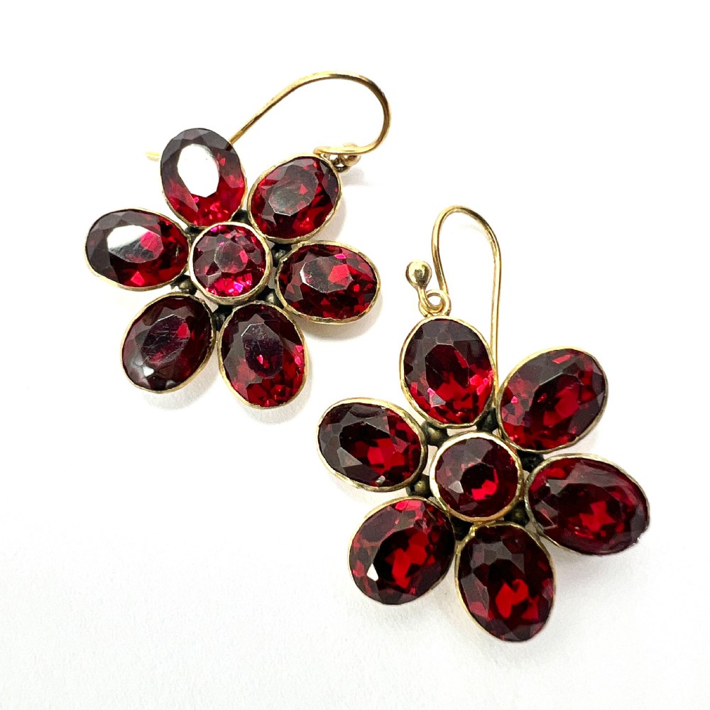 Georgian Paste Garnet Daisy Cluster Earrings View II