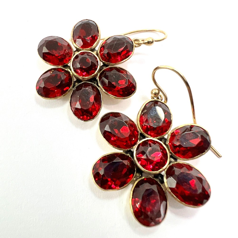 Georgian Paste Garnet Daisy Cluster Earrings View III