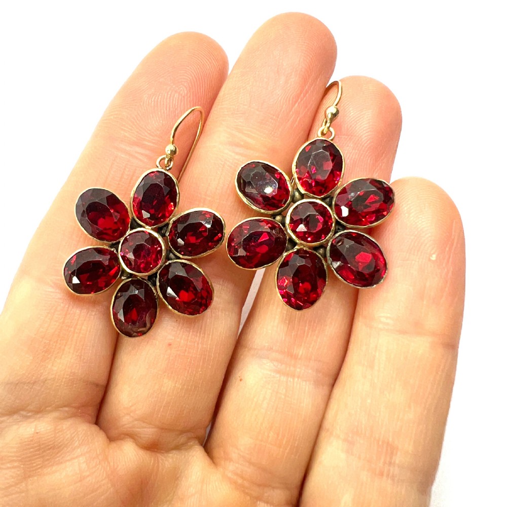 Georgian Paste Garnet Daisy Cluster Earrings View V