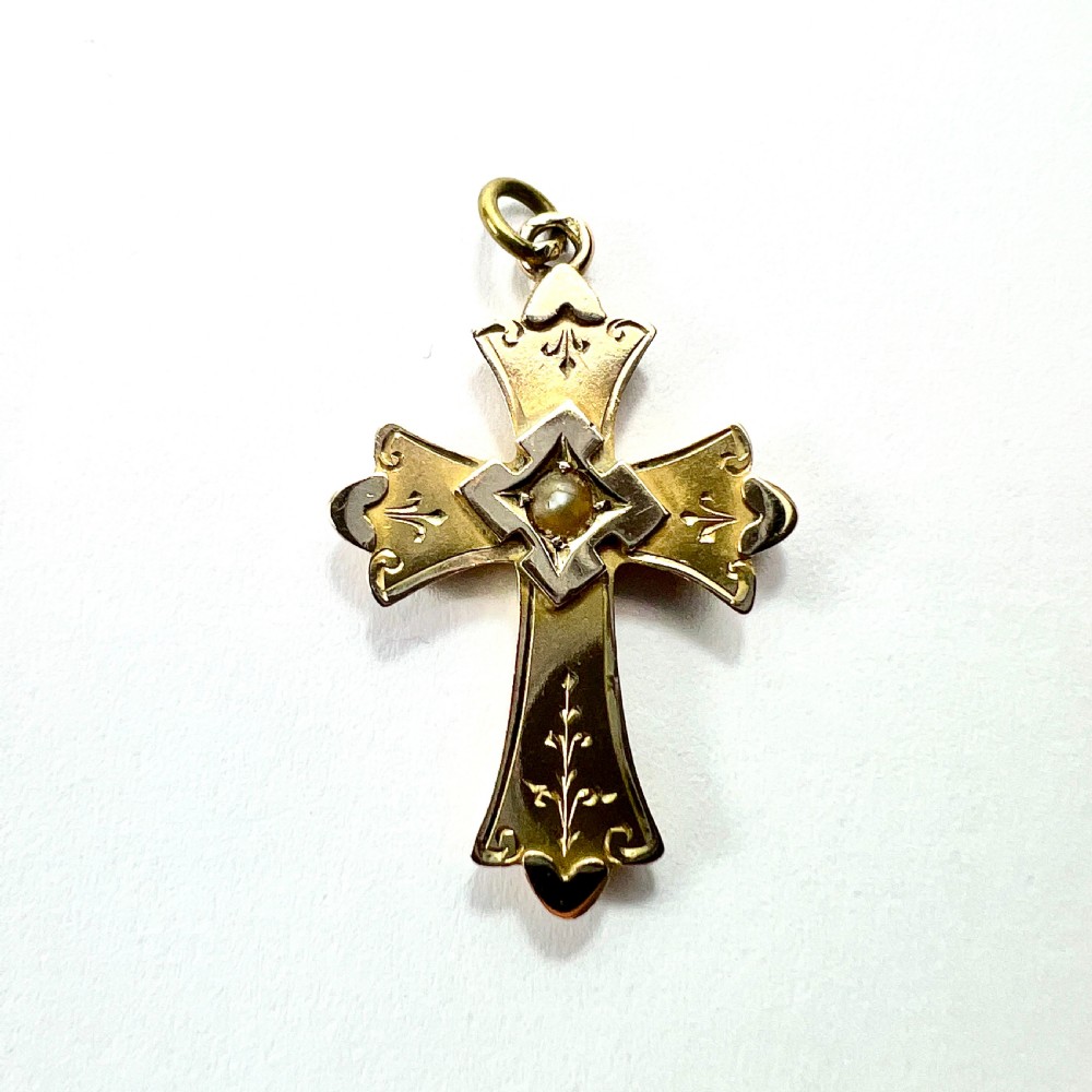1903 Antique Solid 9CT Gold Fancy Cross Pendant with Pearl