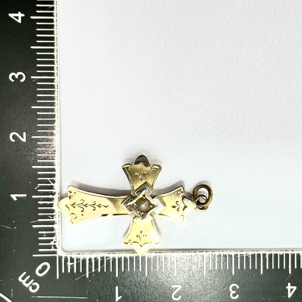 1903 Antique Solid 9CT Gold Fancy Cross Pendant with Pearl View VII
