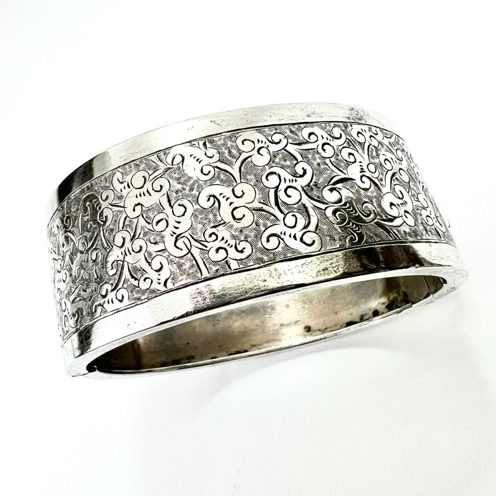 Victorian Wide Silver Hinged Cuff Bangle  View X