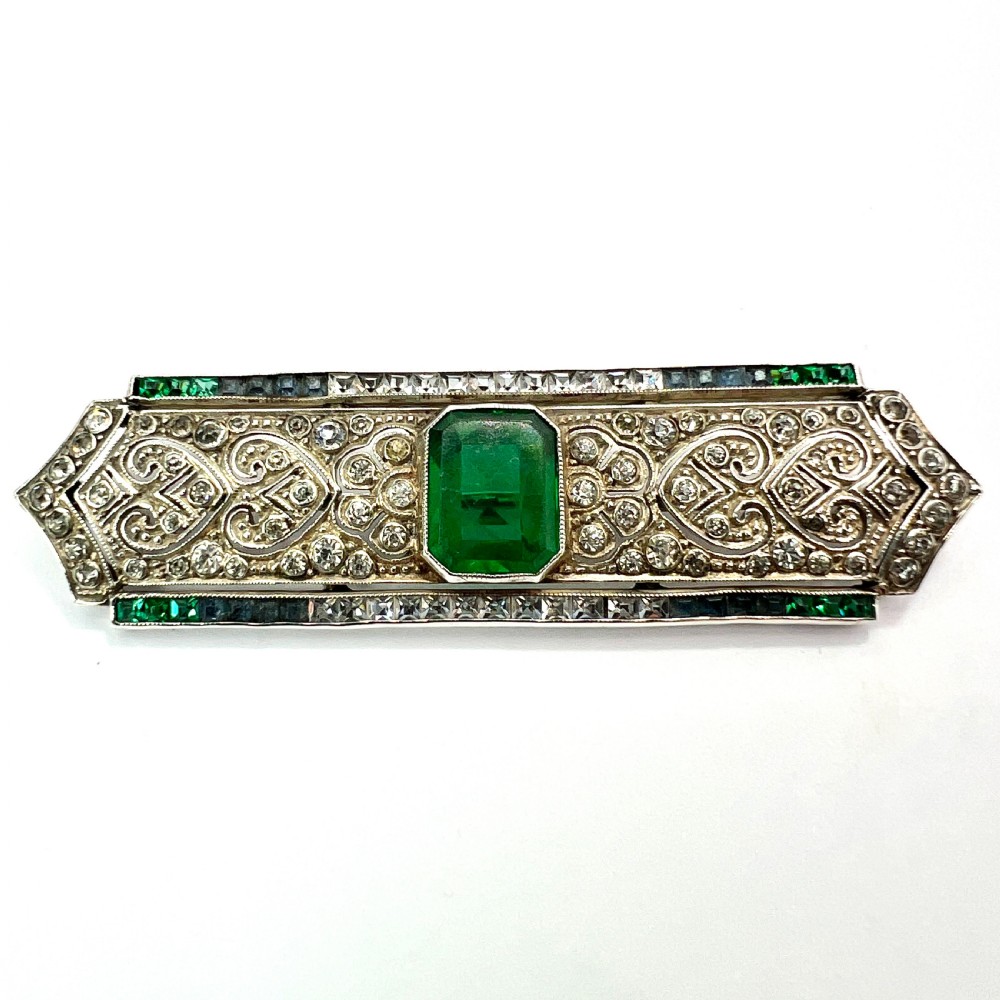 Art Deco Sterling Silver Emerald Paste Brooch by Knoll & Pregizer