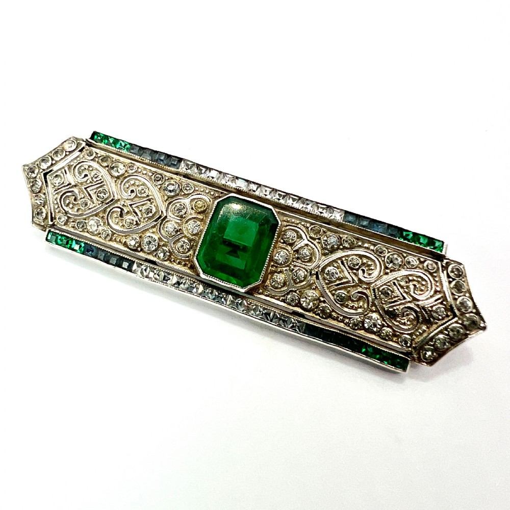 Art Deco Sterling Silver Emerald Paste Brooch by Knoll & Pregizer View II