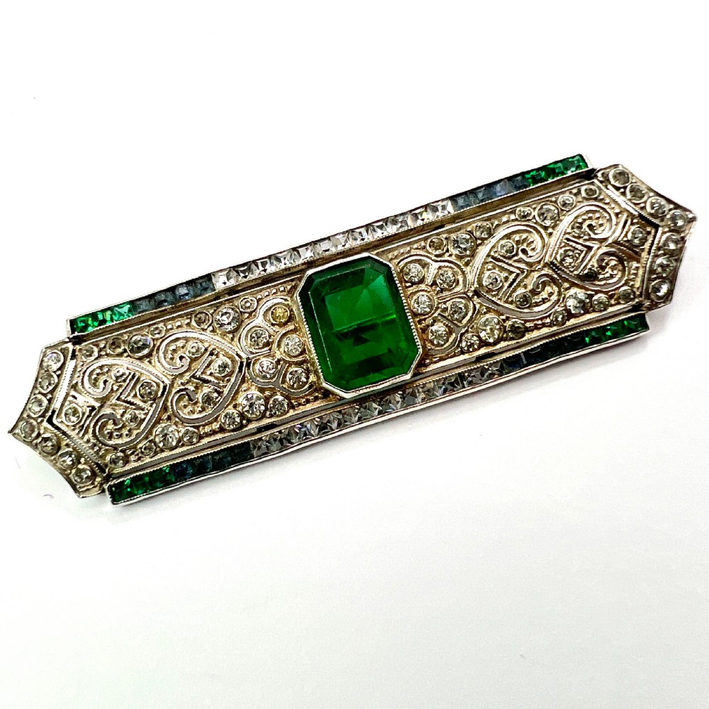 Art Deco Sterling Silver Emerald Paste Brooch by Knoll & Pregizer View III
