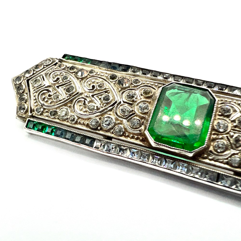 Art Deco Sterling Silver Emerald Paste Brooch by Knoll & Pregizer View IV