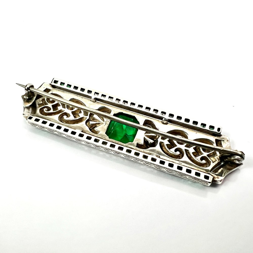 Art Deco Sterling Silver Emerald Paste Brooch by Knoll & Pregizer View V
