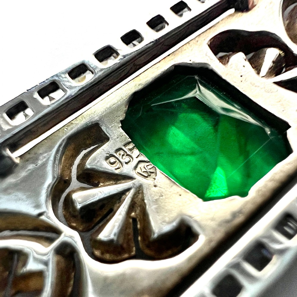 Art Deco Sterling Silver Emerald Paste Brooch by Knoll & Pregizer View VI