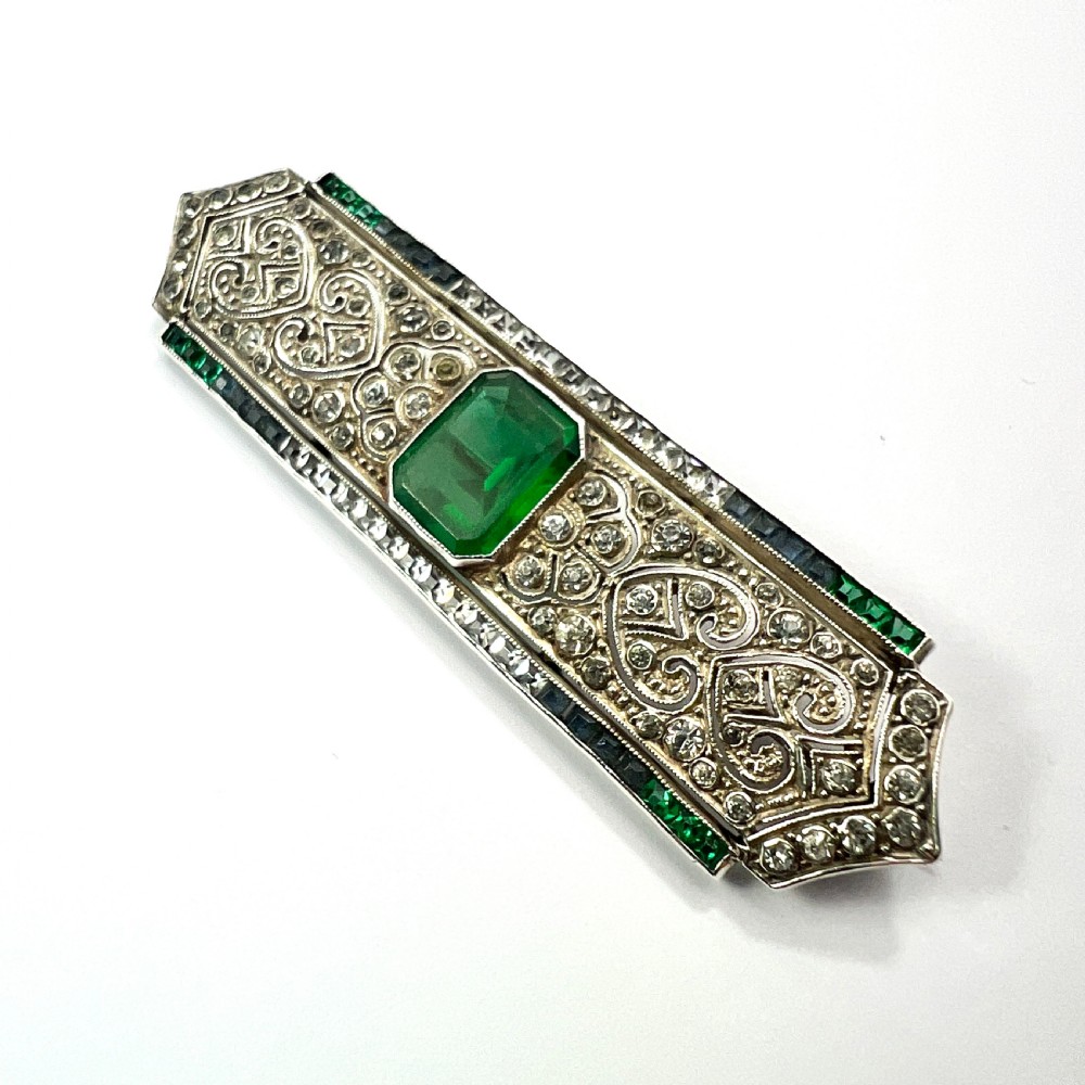 Art Deco Sterling Silver Emerald Paste Brooch by Knoll & Pregizer View VII